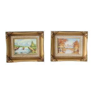VTG 70s Signed Landscape Oil Painting Gold Gilt Frames Hollywood Regency Art